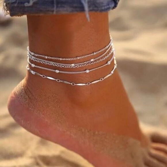 5 Pairs Anklets-Silver Bracelets for Women Trendy Dainty Waterproof - Picture 3 of 5